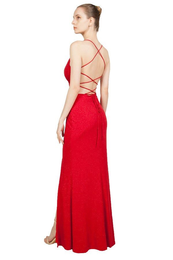 Red formal dress with lace up back and front split.