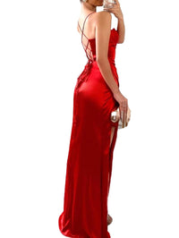 Red formal dress with lace up back, corset front and split.