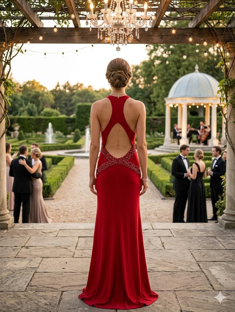 Red halter neck formal dress with beading and cut out back.