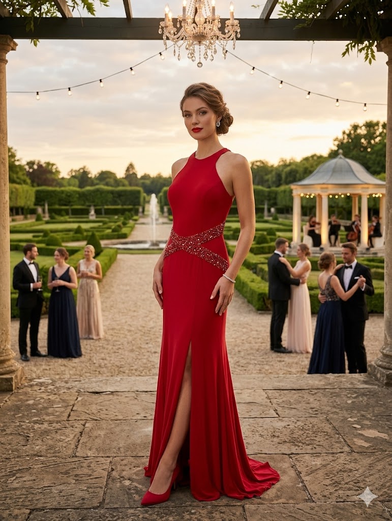 Red halter neck formal dress with beading.