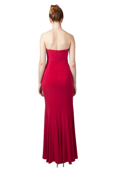 Red strapless formal dress with split.