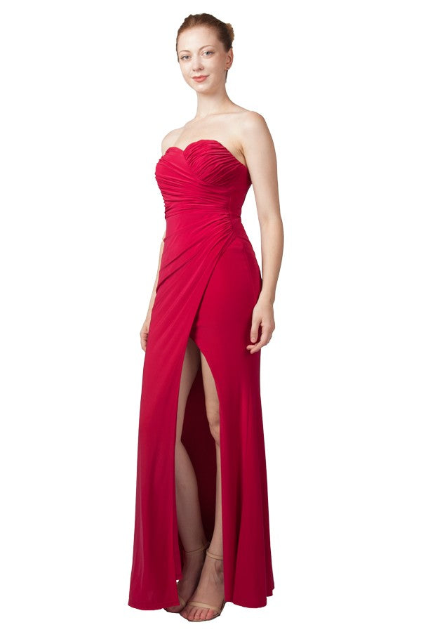Red strapless formal dress with split.