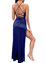 Royal blue formal dress with lace up back, corset front and split.