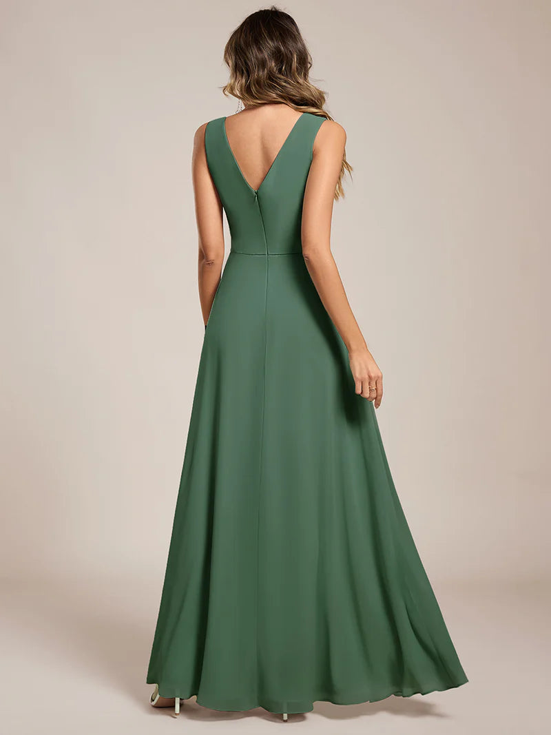 Sage green bridesmaid dress, sleeveless A-line chiffon dress with split.