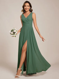Sage green bridesmaid dress, sleeveless A-line chiffon dress with split.