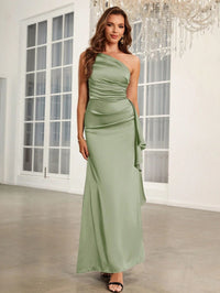 Sage green bridesmaid dress or formal dress with one shoulder in satin and ruffle side detail. Graceful Elegance services Logan, Brisbane, Gold Coast, Scenic Rim.