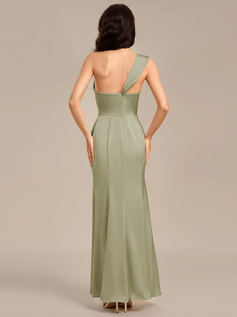 Sage green satin formal dress or bridesmaid dress in an off shoulder  design with a split.