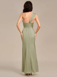 Sage green satin formal dress or bridesmaid dress in an off shoulder  design with a split.