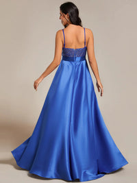 Saphire blue hi low sleeveless satin formal or mother of the bride dress with bodice detailing.