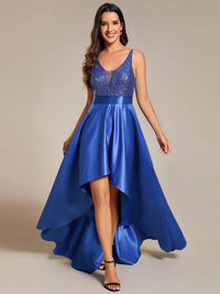Saphire blue hi low sleeveless satin formal or mother of the bride dress with bodice detailing.