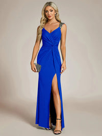 Sapphire formal dress with glitter and split front.