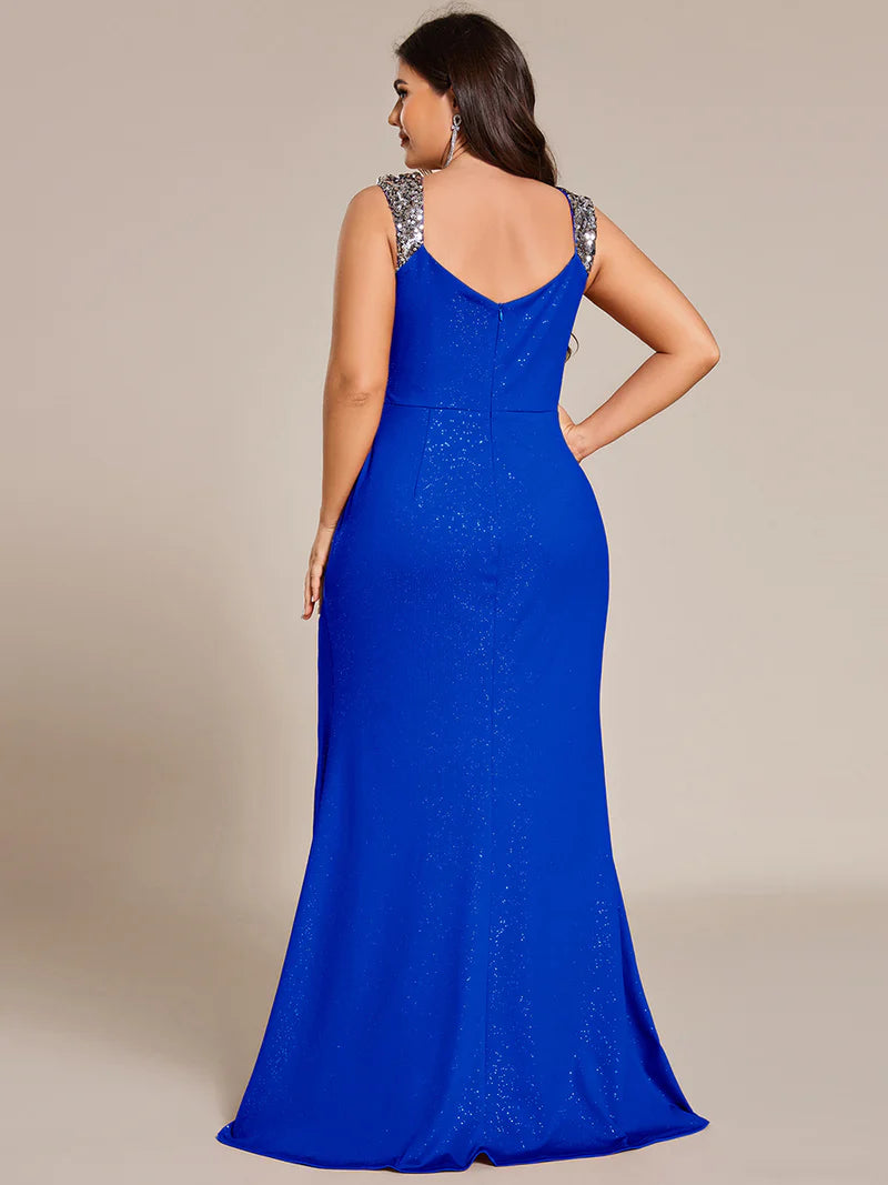 Sapphire blue plus sized formal dress with glitter and split front.