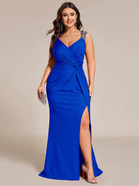 Sapphire blue plus sized formal dress with glitter and split front.