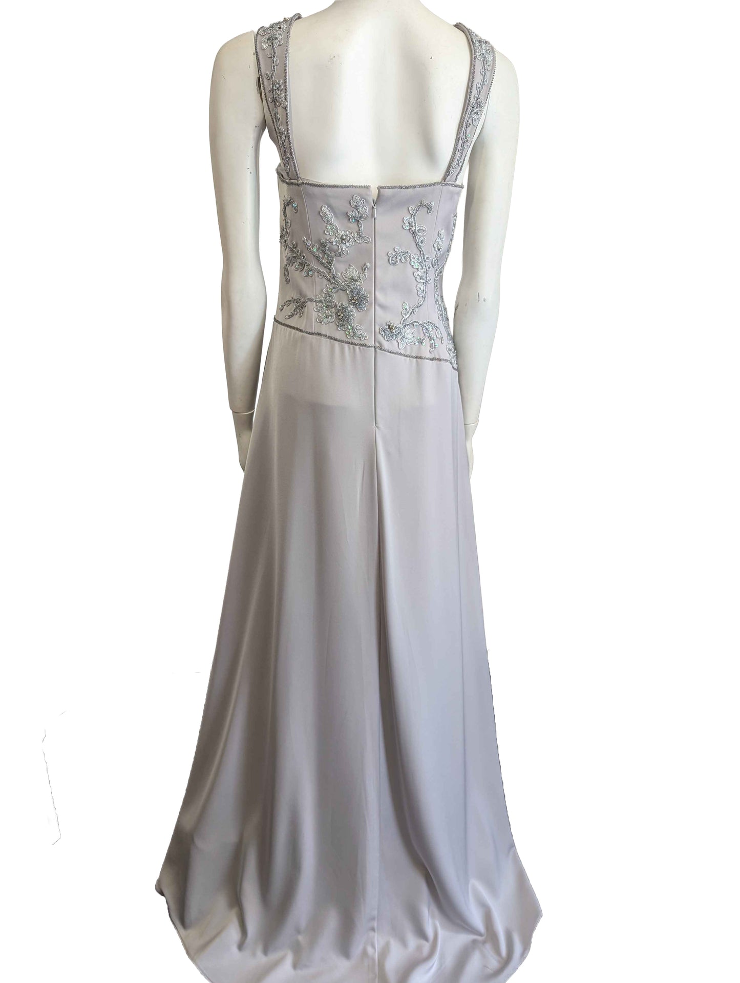 Silver beaded formal dress with shawl.