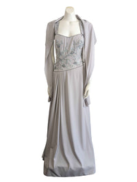 Silver beaded formal dress with shawl.