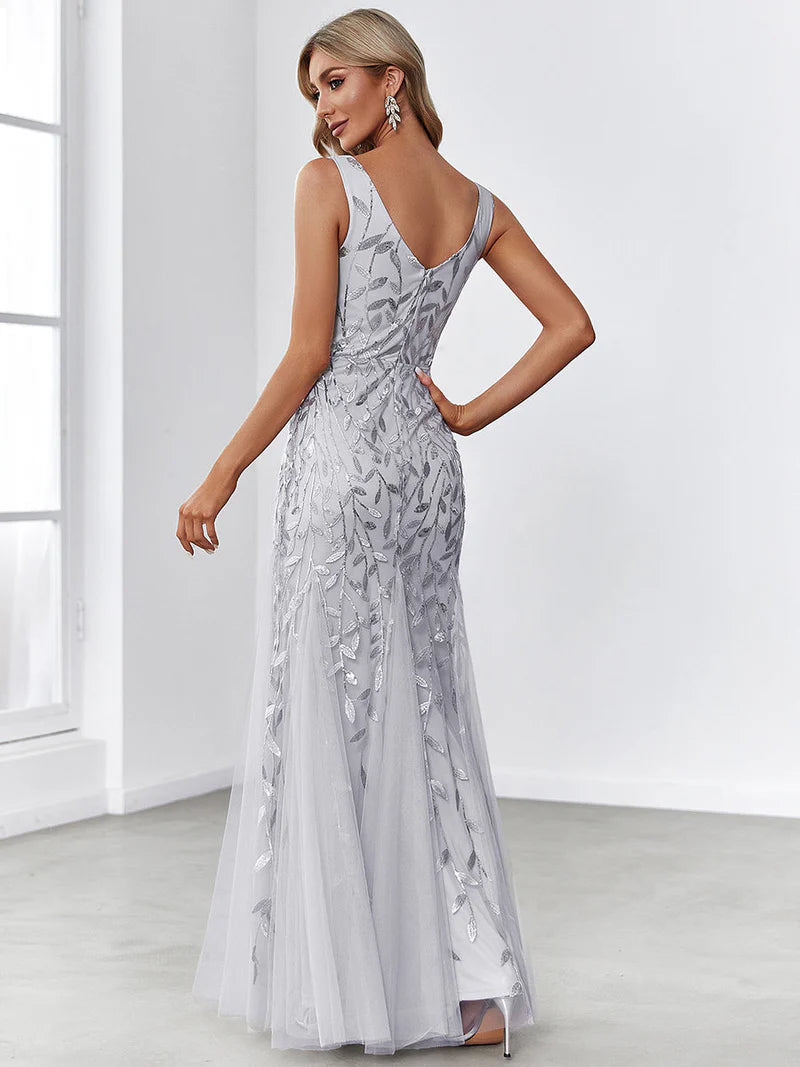 Silver formal dress with sequins and tulle.