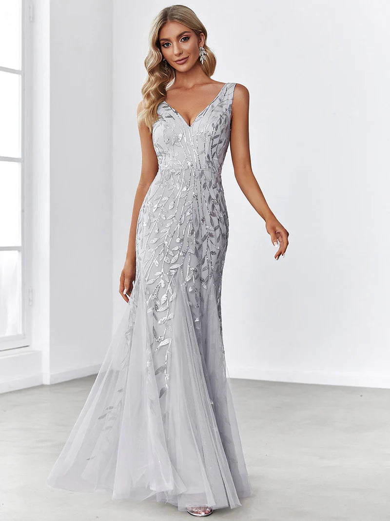 Silver formal dress with sequins and tulle.
