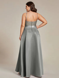 Silver grey plus size hi low sleeveless satin formal or mother of the bride dress with bodice detailing.