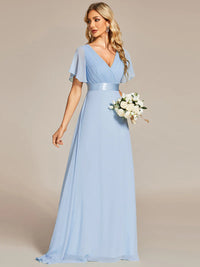 Sky blue bridesmaid dress or formal dress in chiffon with satin band and short sleeves.