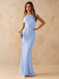 Sky blue Bridesmaid or formal asymmetrical off the shoulder satin sheath dress.