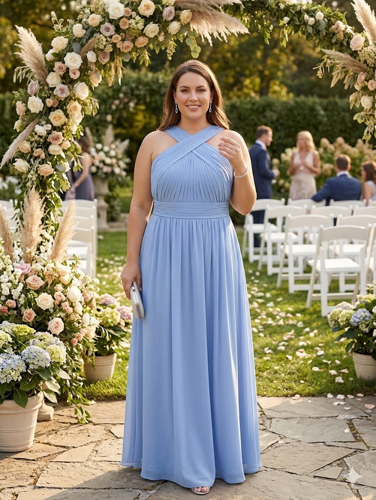 Sky blue plus size bridesmaid dress with halter neck in chiffon.