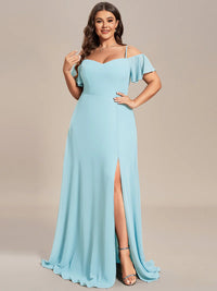 Sky blue plus sized bridesmaid dress, off shoulder chiffon.