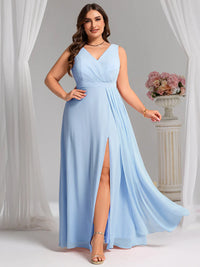 Sky blue plus size bridesmaid dress, sleeveless A-line chiffon with split.