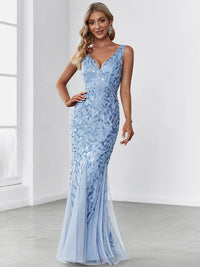 Sky blue plus sized dress with fishtail and sequin.