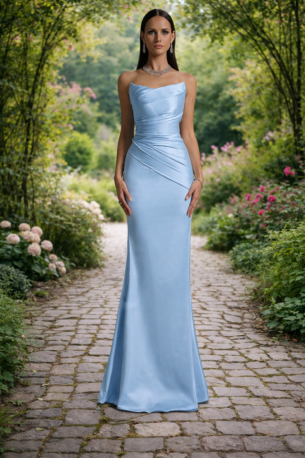 Sky blue satin sheath formal dress with mermaid train.