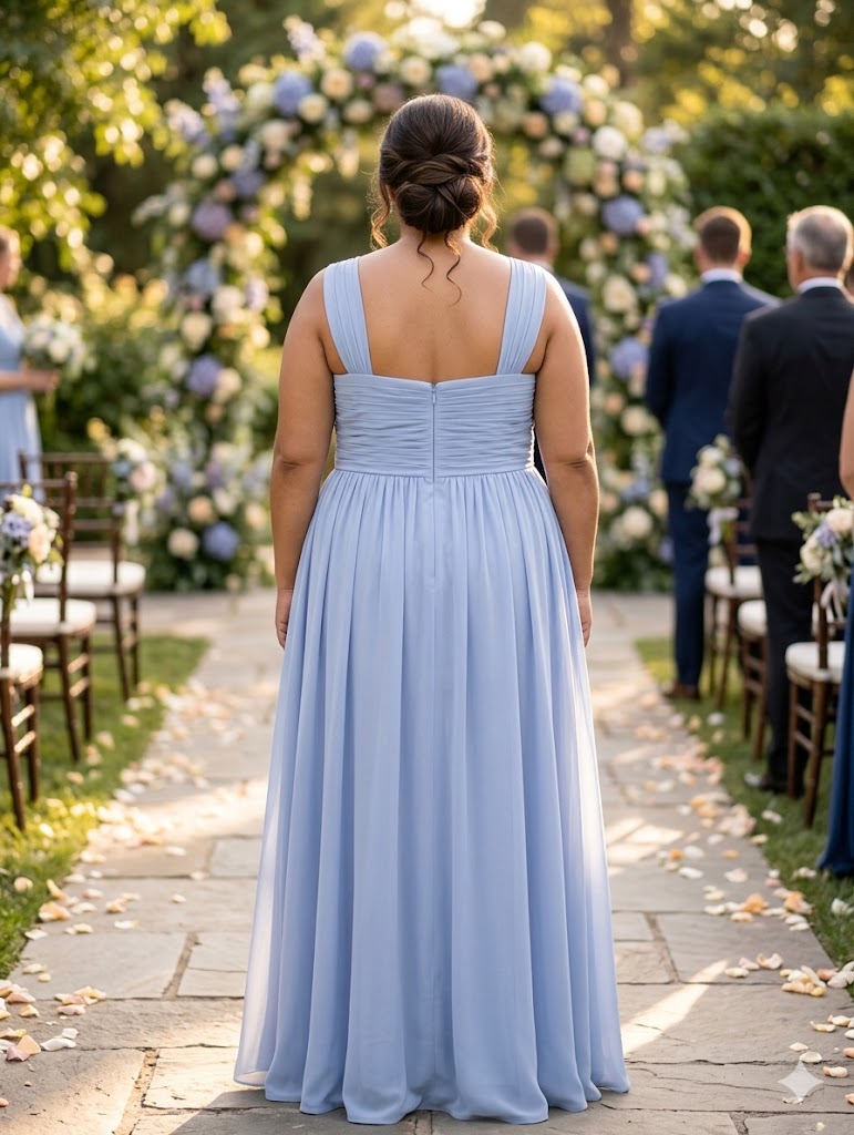 Sky blue plus size bridesmaid dress with halter neck in chiffon.