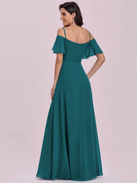 Teal bridesmaid dress, off shoulder chiffon.