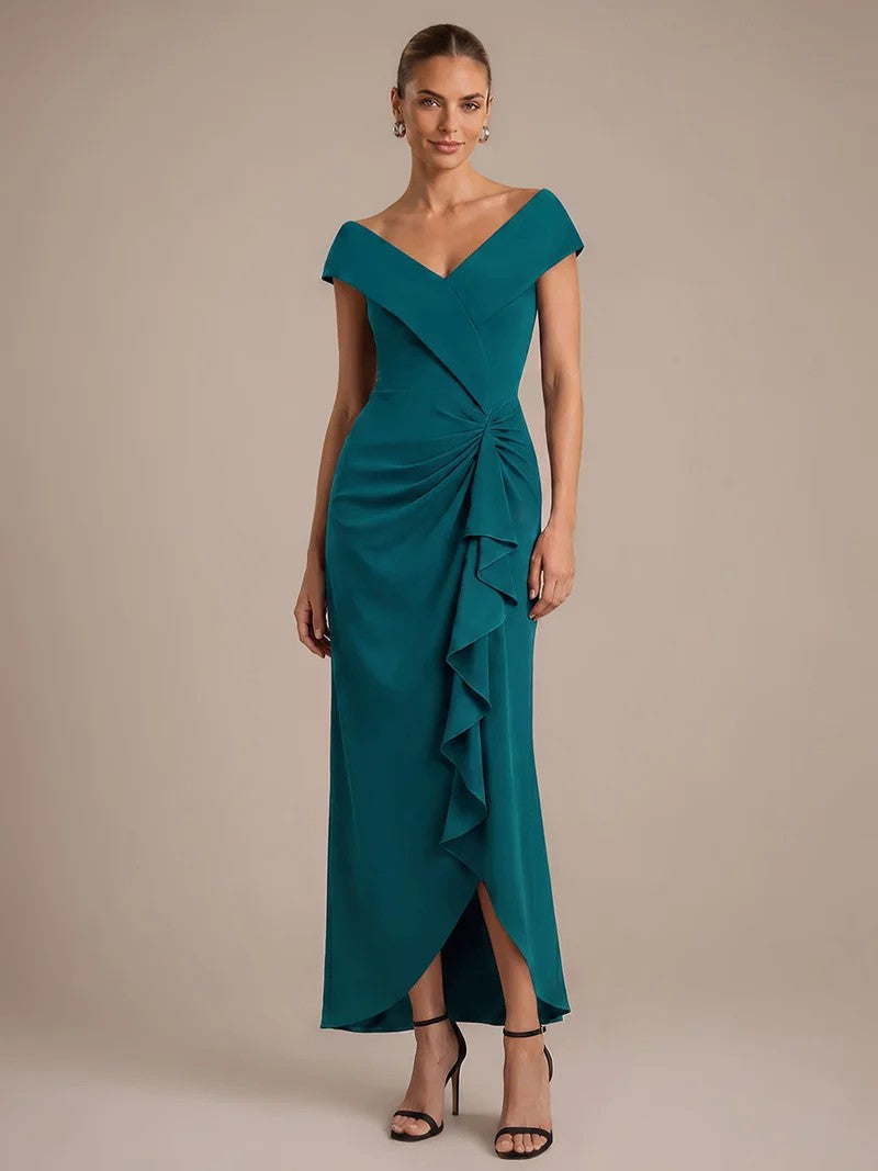 Teal formal dress with ruffle design and off shoulder style.