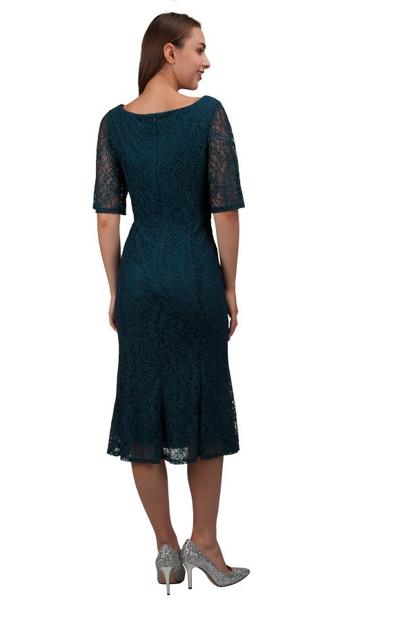 Teal mother of the bride short sleeve lace midi dress by Miss Anne available in plus size.