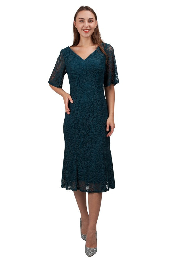 Teal mother of the bride short sleeve lace midi dress by Miss Anne available in plus size.
