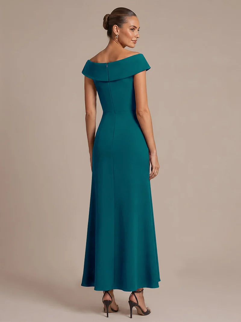 Teal formal dress with ruffle design and off shoulder style.