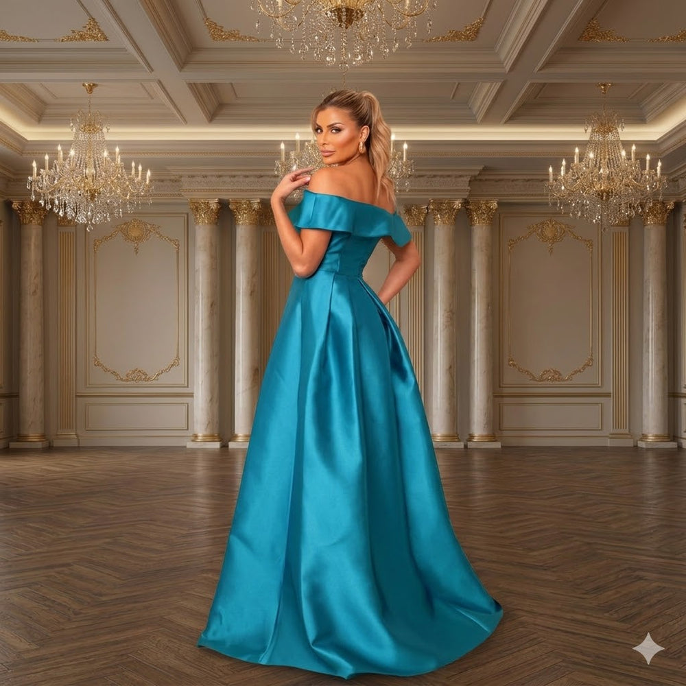 Teal off the shoulder plus size dress.