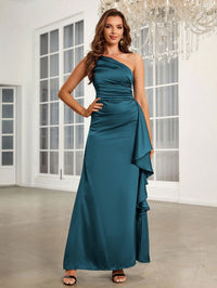 Teal bridesmaid dress or formal dress with one shoulder in satin and ruffle side detail.