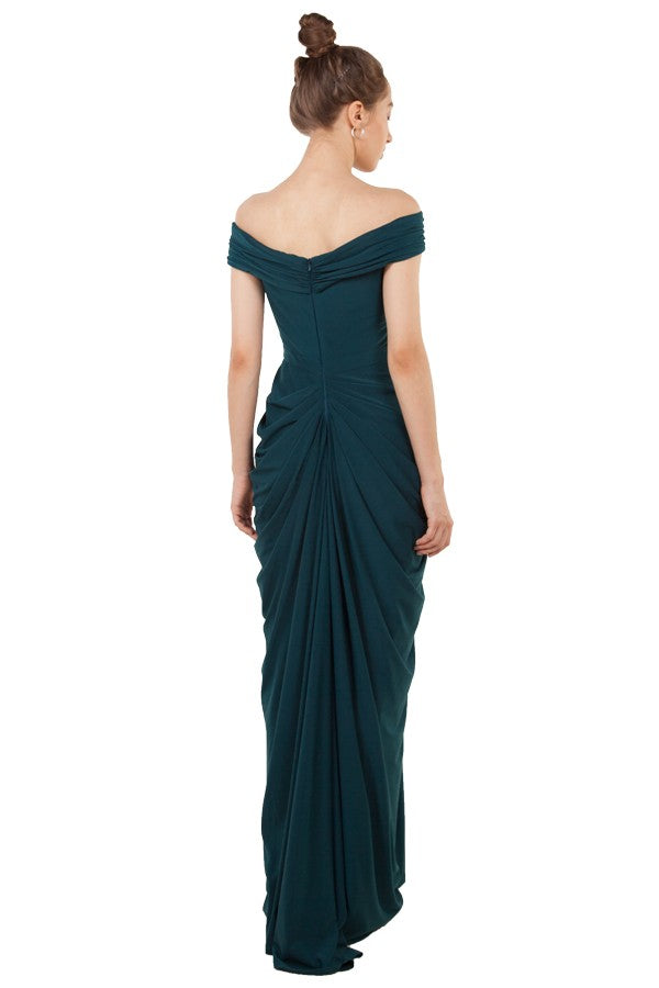 Teal plus size formal dress with drape front and off shoulder style.