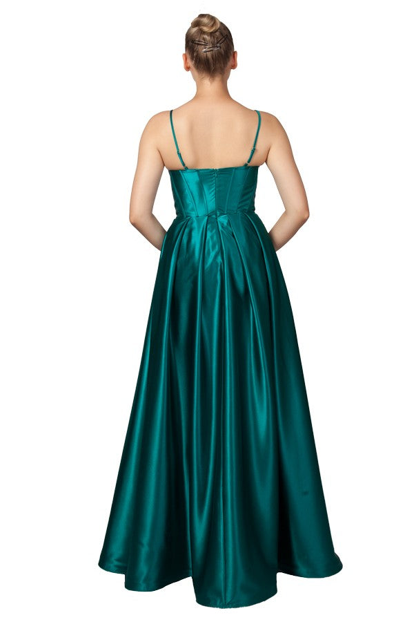 Teal satin plus size formal dress with spaghetti straps and split.