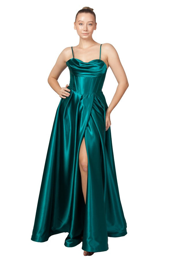 Teal satin plus size formal dress with spaghetti straps and split.