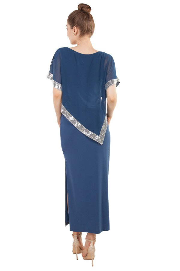 Teal chiffon plus size mother of the bride/groom dress with cape style sleeve.