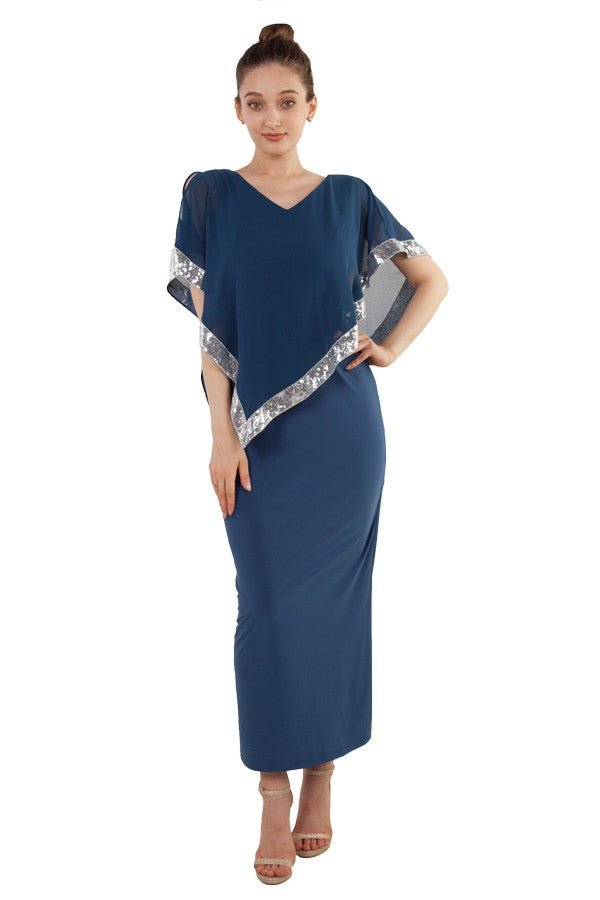 Teal chiffon plus size mother of the bride/groom dress with cape style sleeve.