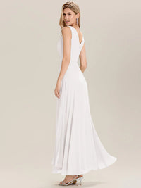 White bridesmaid dress sleeveless a-line with split.