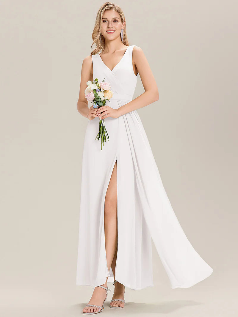 White bridesmaid dress sleeveless a-line with split.
