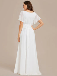 White bridesmaid dress with v-neck and a-line.