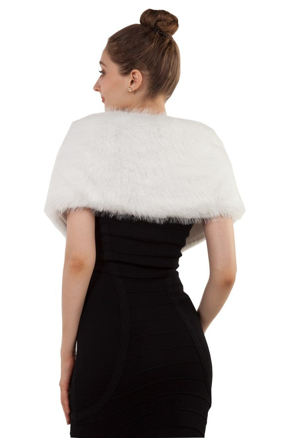 White fur shawl with front clasps.