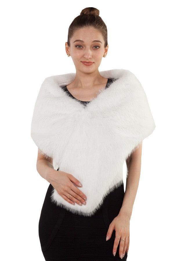 White fur shawl with front clasps.