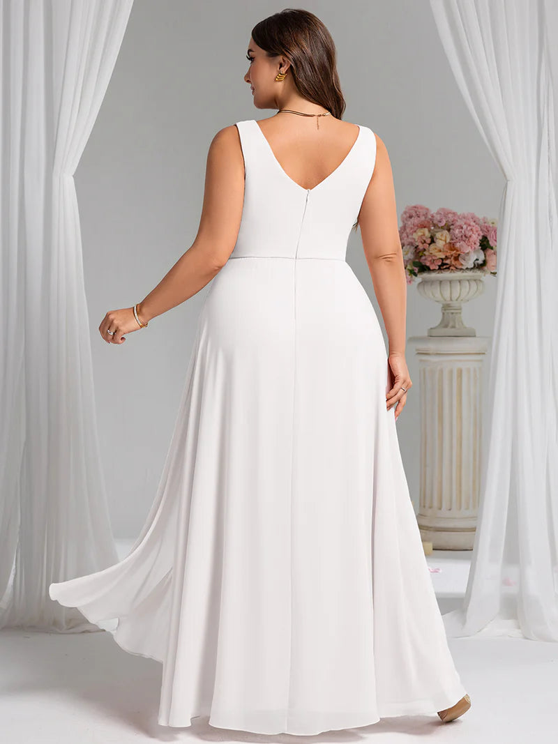 White plus size bridesmaid dress, sleeveless A line with split.