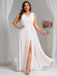 White plus size bridesmaid dress, sleeveless A line with split.