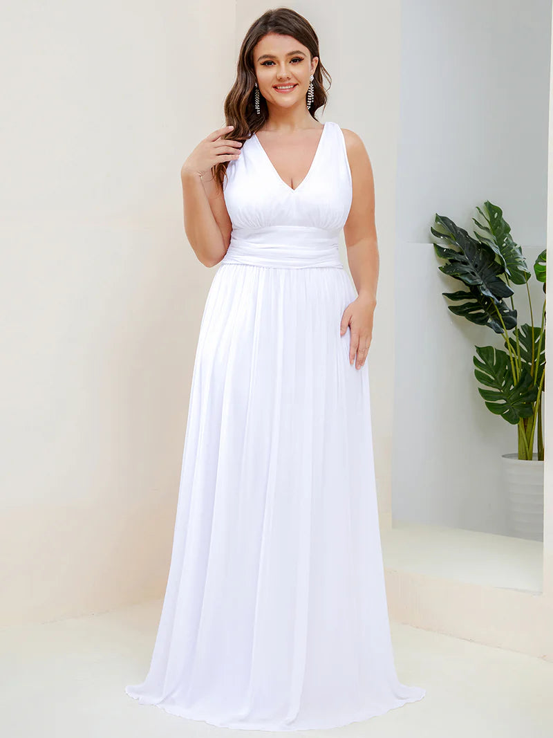 White plus-sized bridesmaid  or wedding dress with double v-neck and chiffon for weddings in Logan and the Scenic Rim.